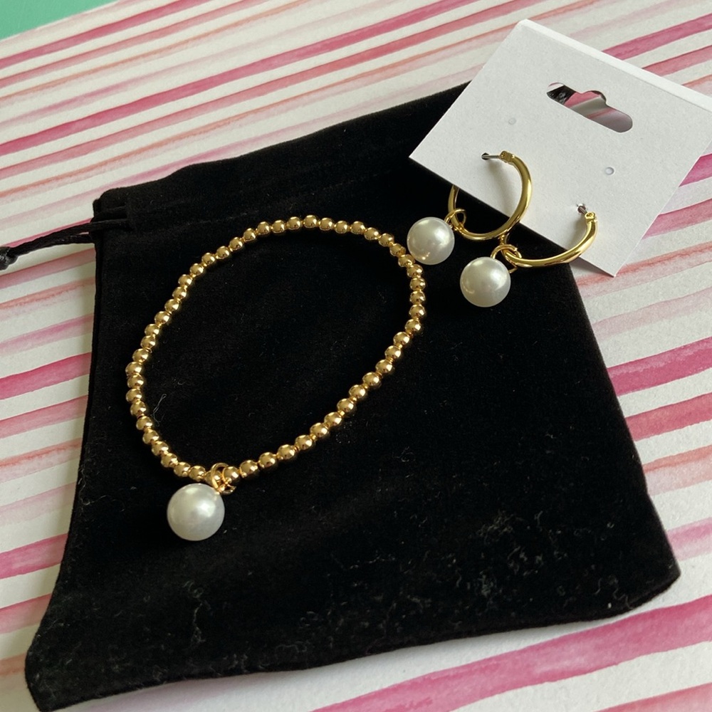 NEW. Set of 14KT gold plated hoop earrings and bracelet with faux pearl charm. - Picture 2 of 7